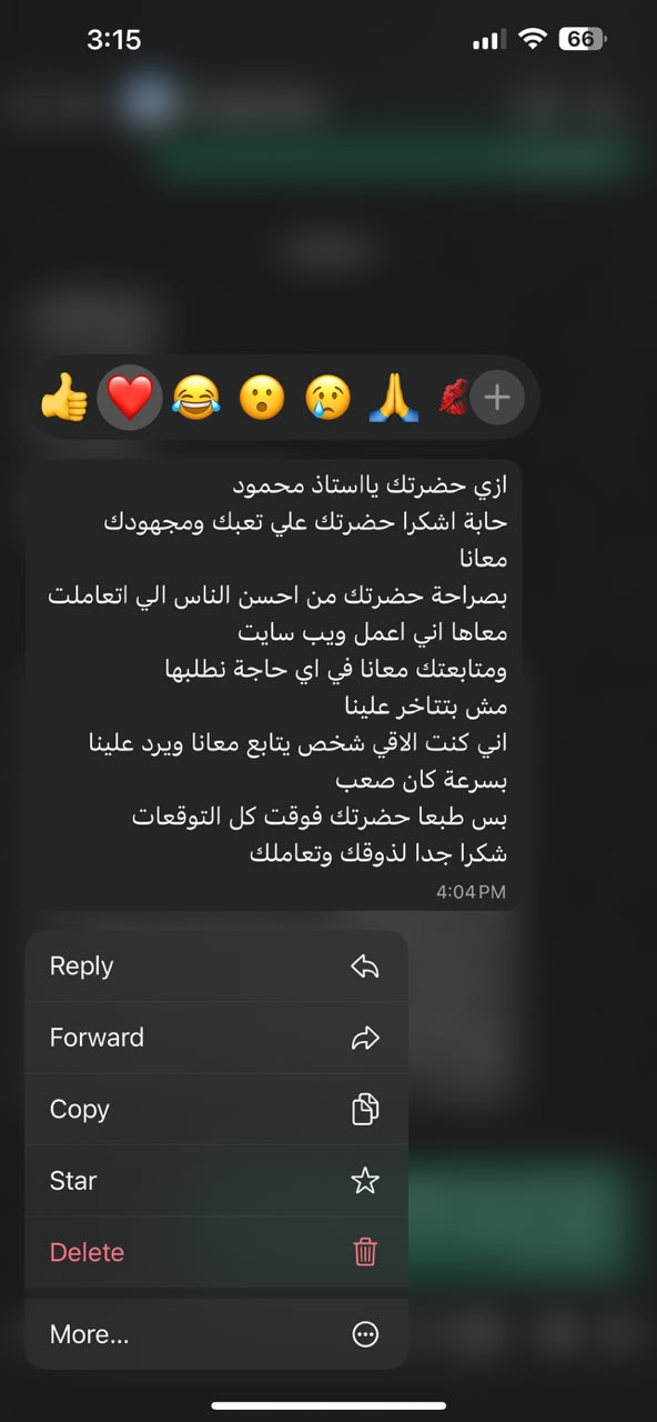 Client review message about the website build