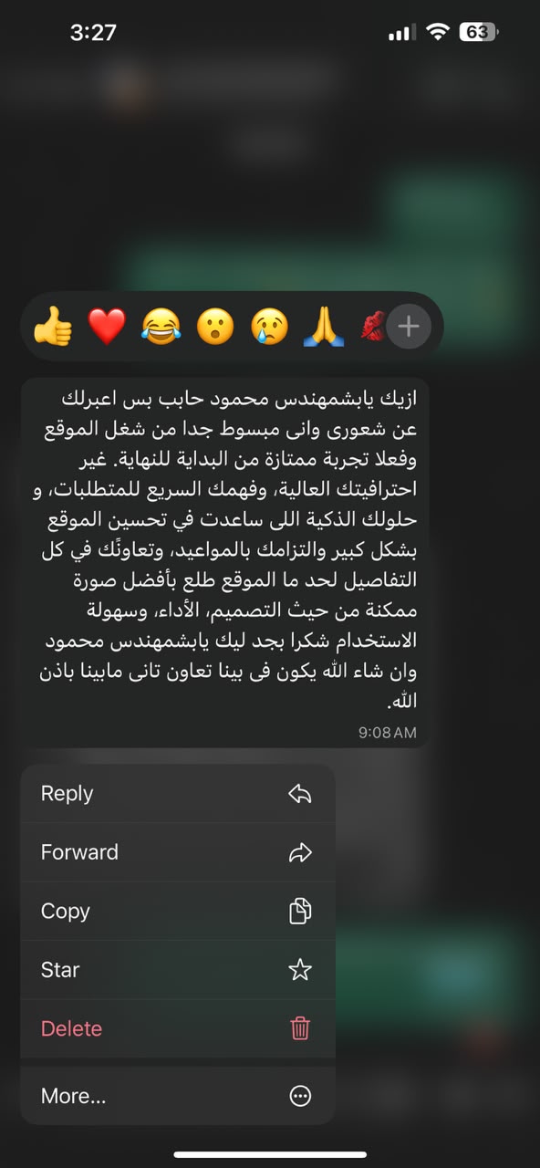 Client review message about the website build